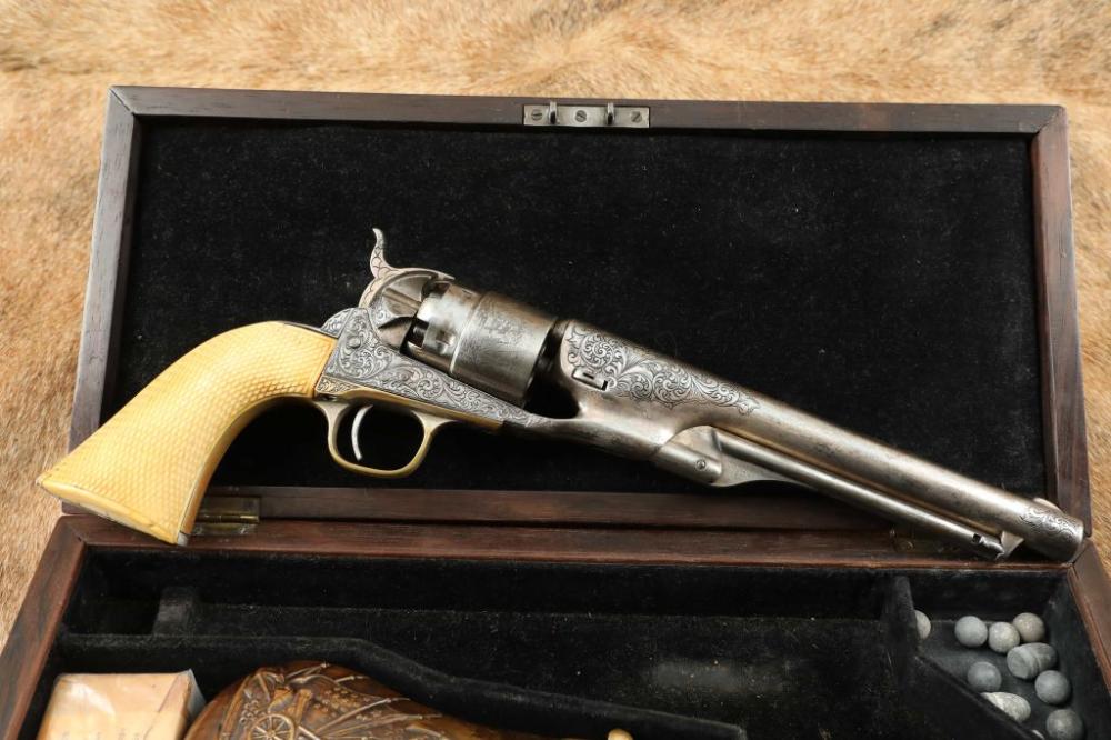 Cased engraved Colt 1860 Army revolver with accessories